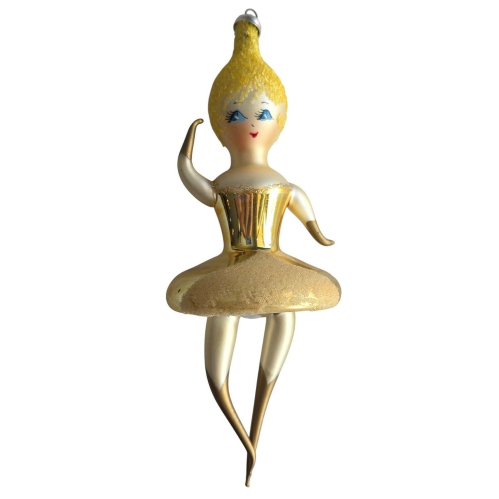 VTG De Carlini Ballerina Dancer Gold Hand Blown Painted Glass Ornament 6" Italy